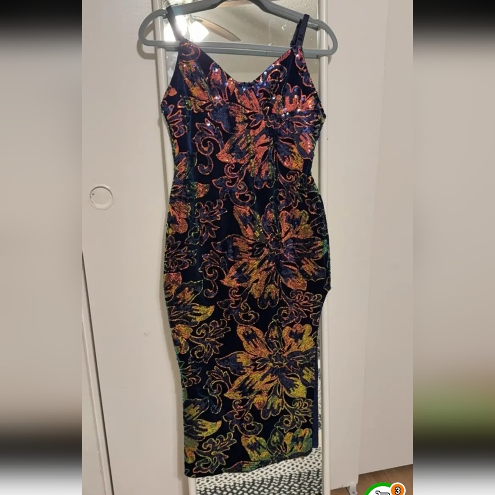 Rainbow Iridescent Sequin Floral Midi Dress W/Deep V Neck & High Thigh Split (S) - Picture 9 of 10